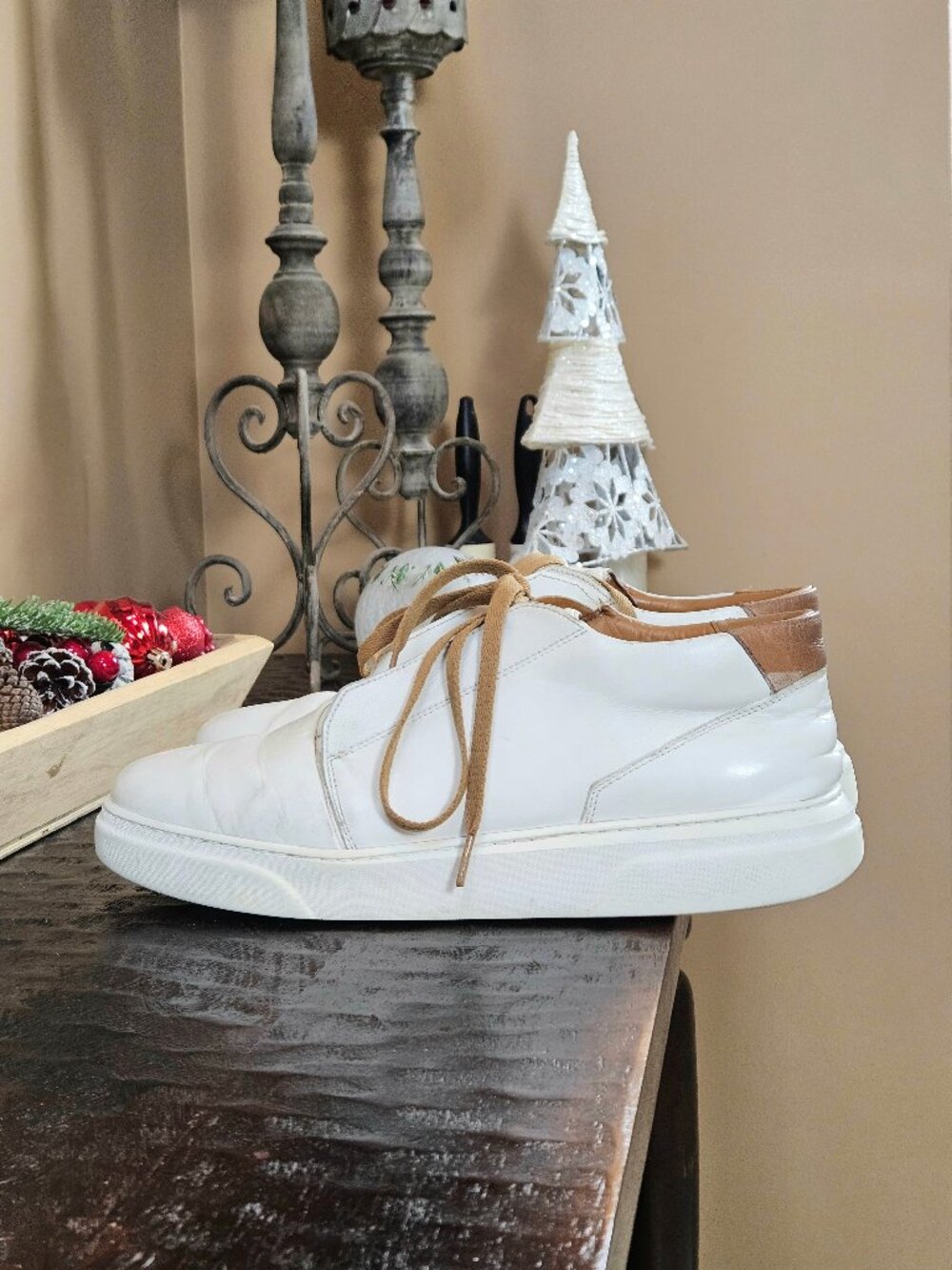 Bruno Magli Men's Phoster Mid-Top Casual Leather Sneakers, White/Khaki, Sz 13 - Picture 3 of 16